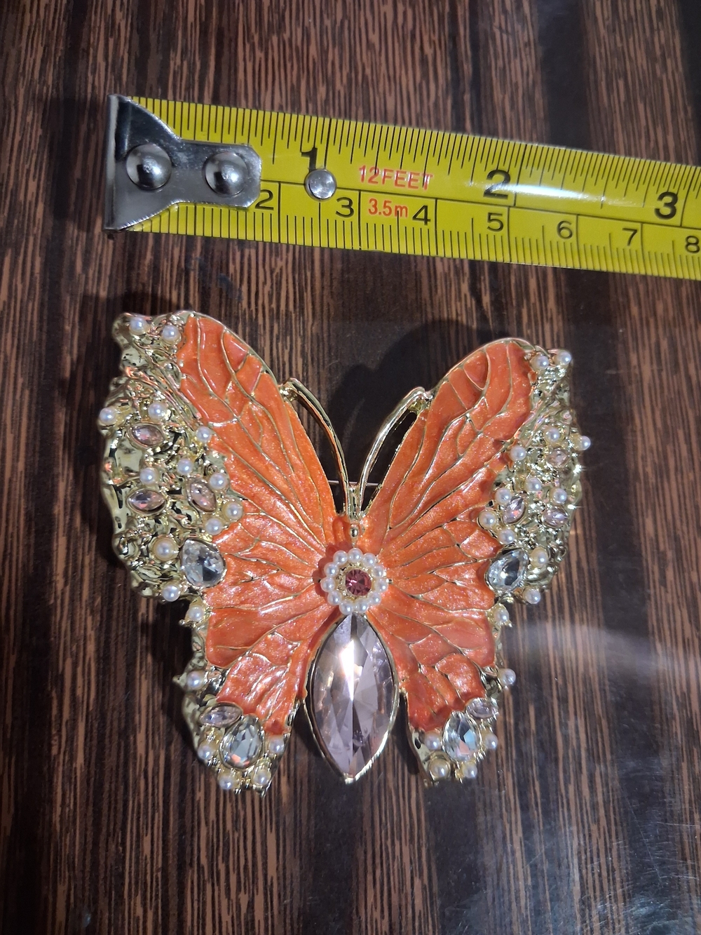 Gold-Tone Orange Butterfly Brooch with Crystal & Pearl Detail - Picture 5 of 6